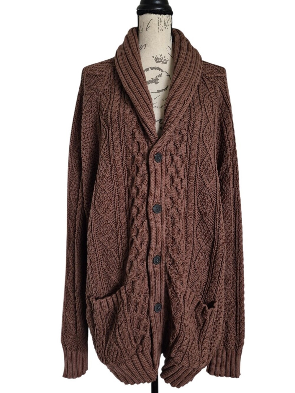LL Bean Signature Cotton Fisherman Cable Knit Cardigan Sweater XXL Shawl Brown - Picture 3 of 14